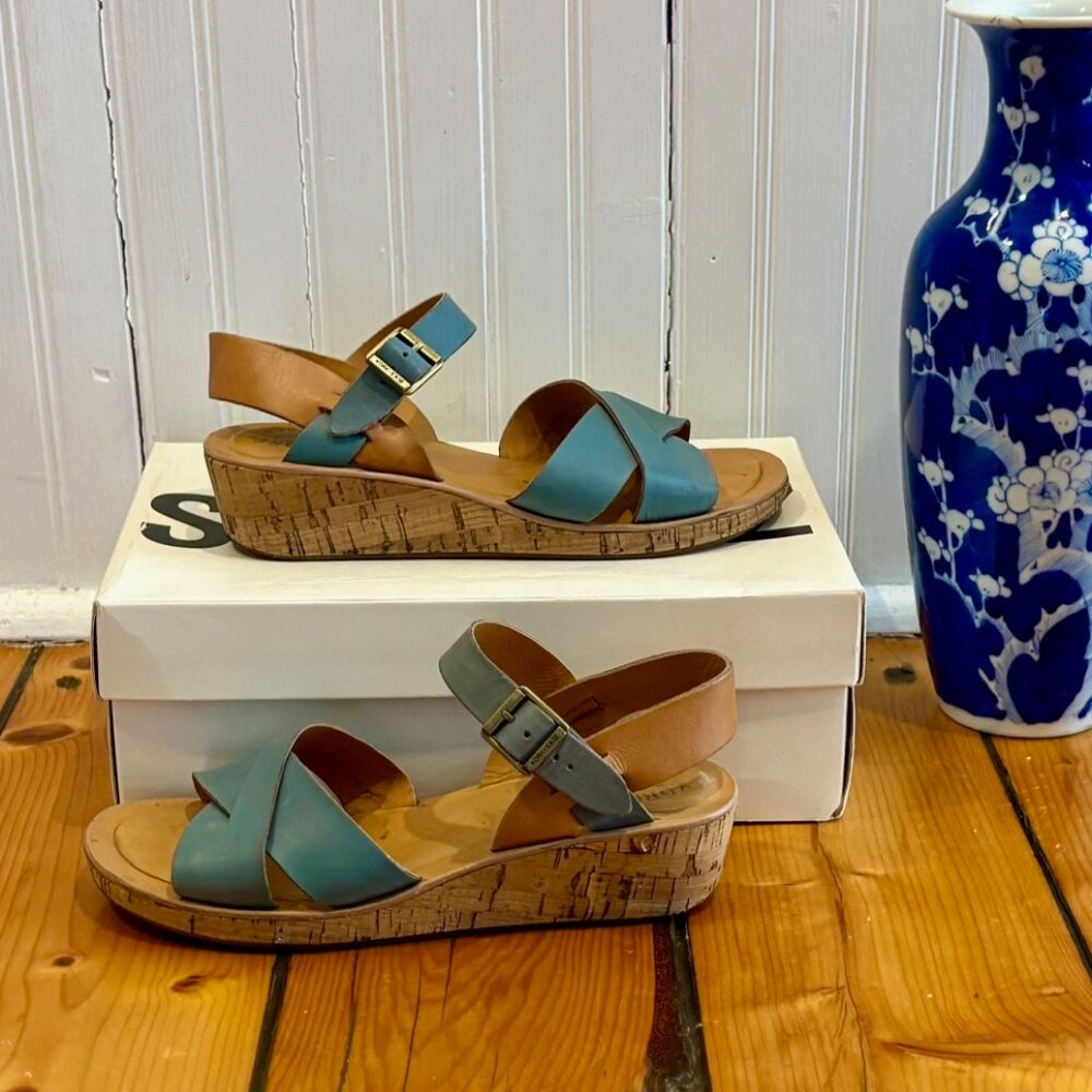 Cork-Eaase Women's Myrna Blue Leather Platform Cork Wedge Sandals size 7